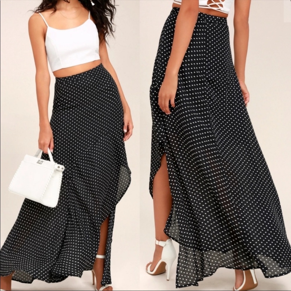NWT LULUS Black Maxi Asymmetrical Skirt Polka Dots